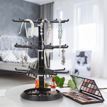 Rotating Jewelry Stand 2-Tier Black – Necklace Bracelet Earring Organizer Display Rack, Plastic Hanging Jewelry Tower for Dressing Table Counter, Keychain Holder, No Electricity Needed