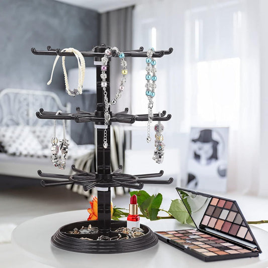 Jewelry Organizer 2-Tier Rotating Black Plastic Stand for Necklaces, Bracelets, Earrings and Keychains