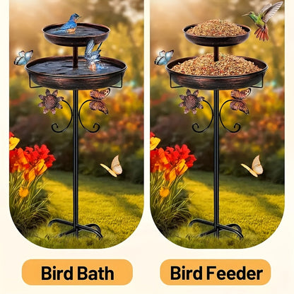 Two-Tier Bird Bath and Feeder with 5-Claw Ground Stake, Copper-Color Bowls and Leaf Accents