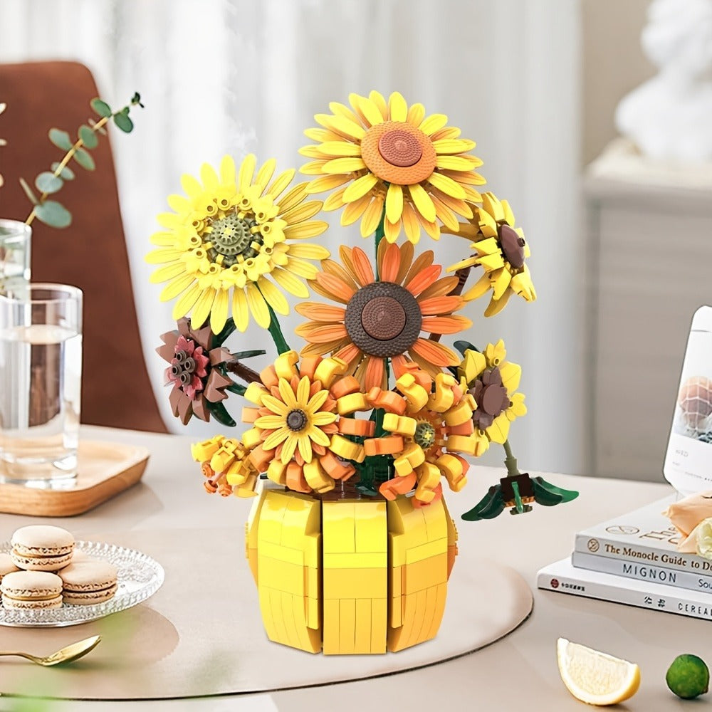 Sunflower Bouquet Building Blocks Set with 1009-Piece Checkout Label, Adjustable Petals and Yellow Vase Display