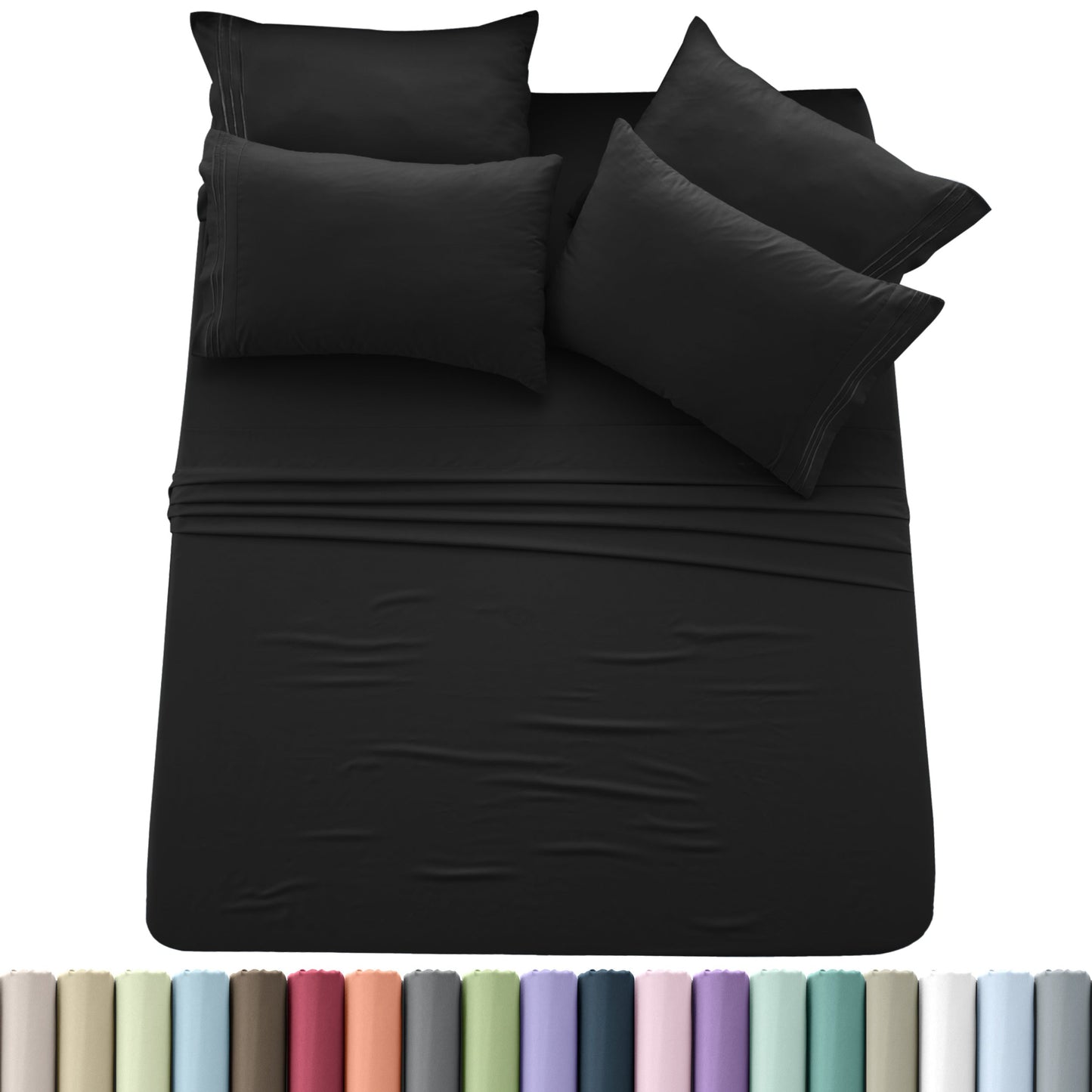 Sheet Set, Six-Piece Brushed Polyester Bedding with 16-Inch Fitted Pocket, Four Pillowcases and Twenty Colors