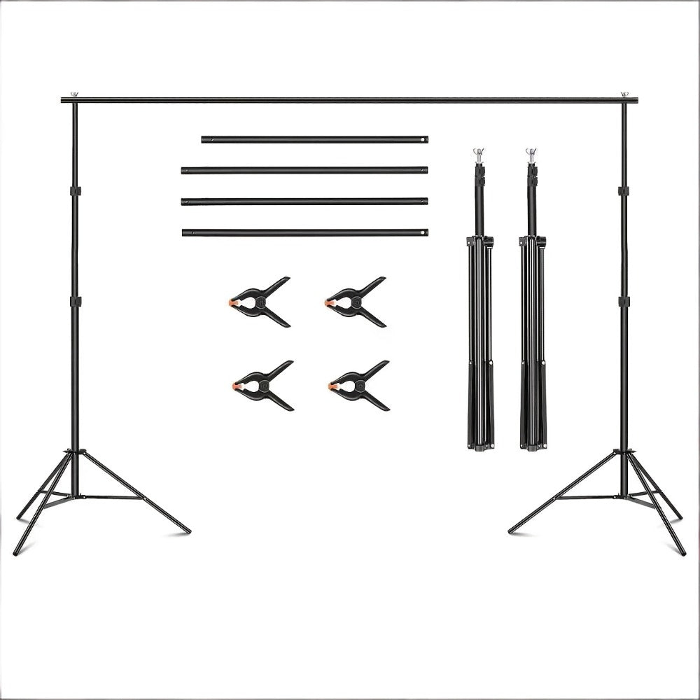 Adjustable Photography Backdrop Stand Kit in 10 x 7-Foot Size with Two Tripods, Four Crossbars, Four Clamps and Carry Bag