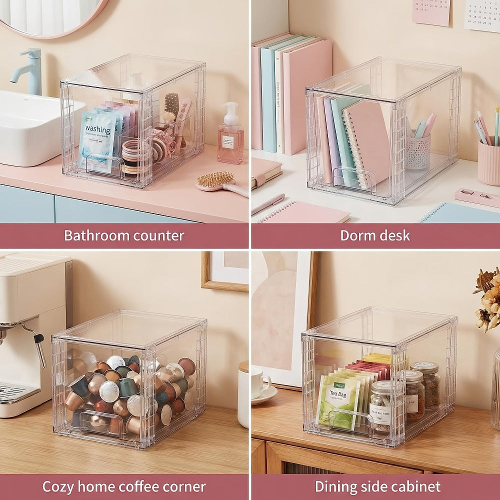 Clear Stackable Storage Drawer Bins in Four-, Six- or Eight-Piece Sets for Countertop Organization