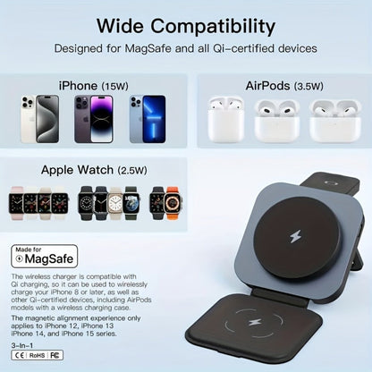 Wireless Charging Station, T11 Foldable 3-in-1 15W Travel Pad in Black for iPhone, Apple Watch and AirPods
