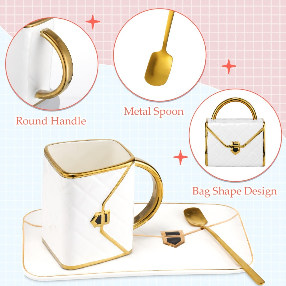 Four-Piece Purse-Shaped Coffee Mug Set with 10oz Cups, Matching Saucers and Metal-Look Spoons