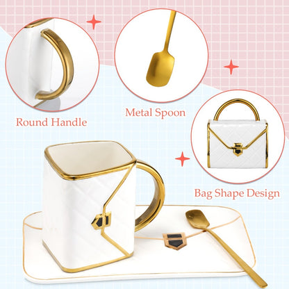 Four-Piece Purse-Shaped Coffee Mug Set with 10oz Cups, Matching Saucers and Metal-Look Spoons