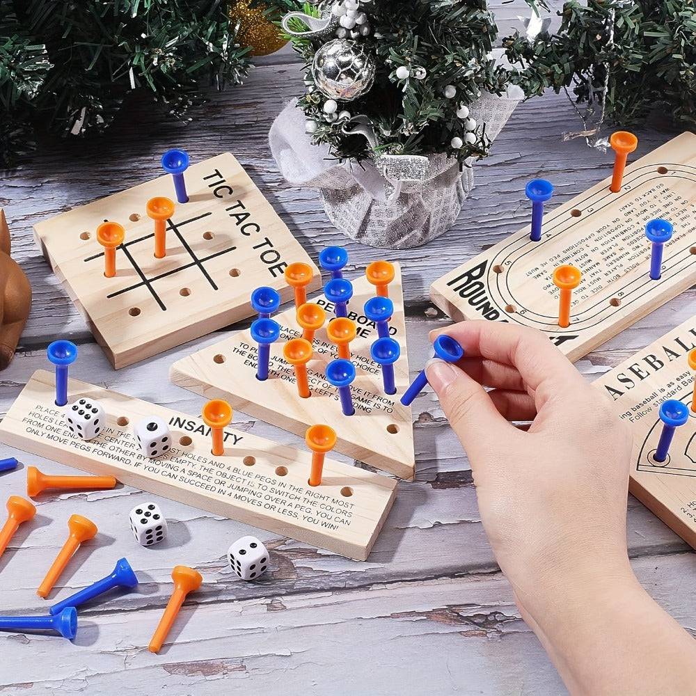 Five-Game Wooden Tabletop Set with Peg Boards, Dice and Playing Pieces for Adult Strategy and Family Game Nights