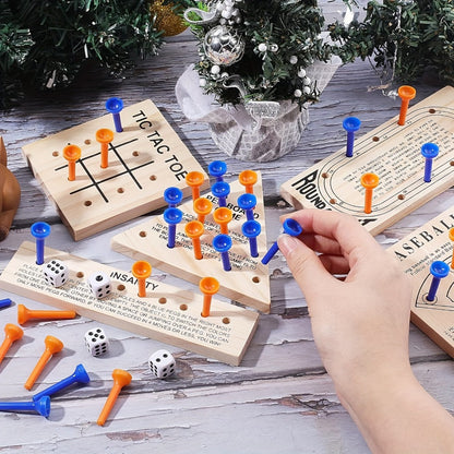 Five-Game Wooden Tabletop Set with Peg Boards, Dice and Playing Pieces for Adult Strategy and Family Game Nights