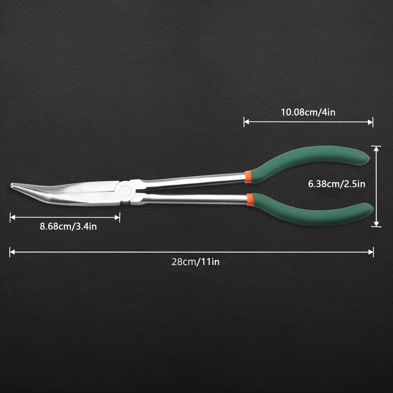 Eleven-Inch Long-Nose Fishing Pliers with 45-Degree Bent Tips, Green Grips and Narrow Hook-Access Profile