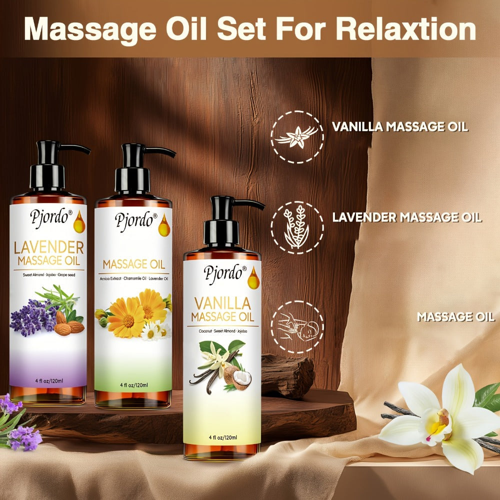 Massage Oil Set 3pcs Roller Ball, Vanilla Arnica & Lavender Essential Oils Moisturizing Body Massage Kit for