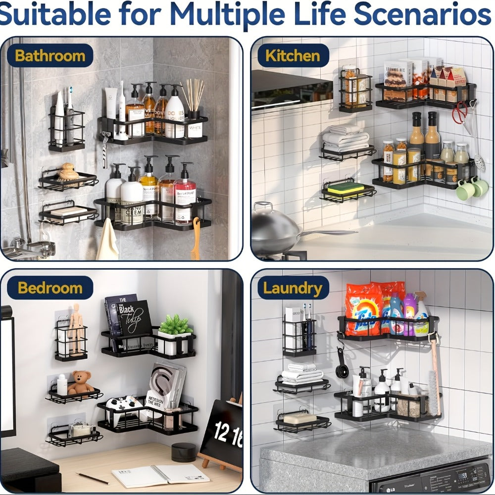 Five-Piece Corner Shower Caddy Set with Soap Holder and Four Removable Hooks in Seven Colors