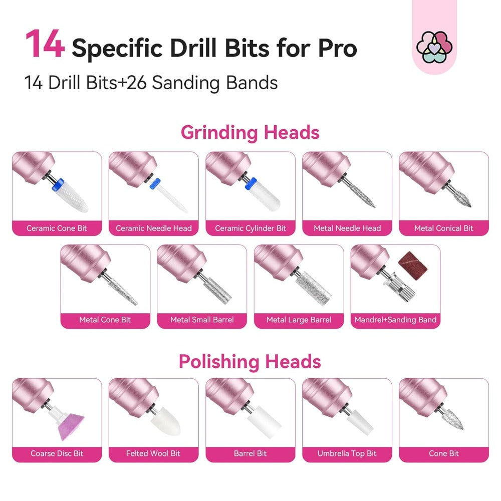 40,000 RPM Rechargeable Nail Drill in Bright Pink with 4000 mAh Battery, LCD Display and Tool Set