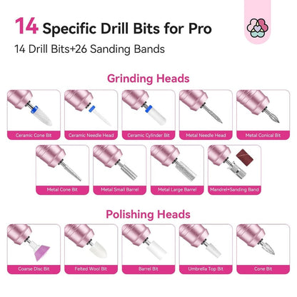 40,000 RPM Rechargeable Nail Drill in Bright Pink with 4000 mAh Battery, LCD Display and Tool Set