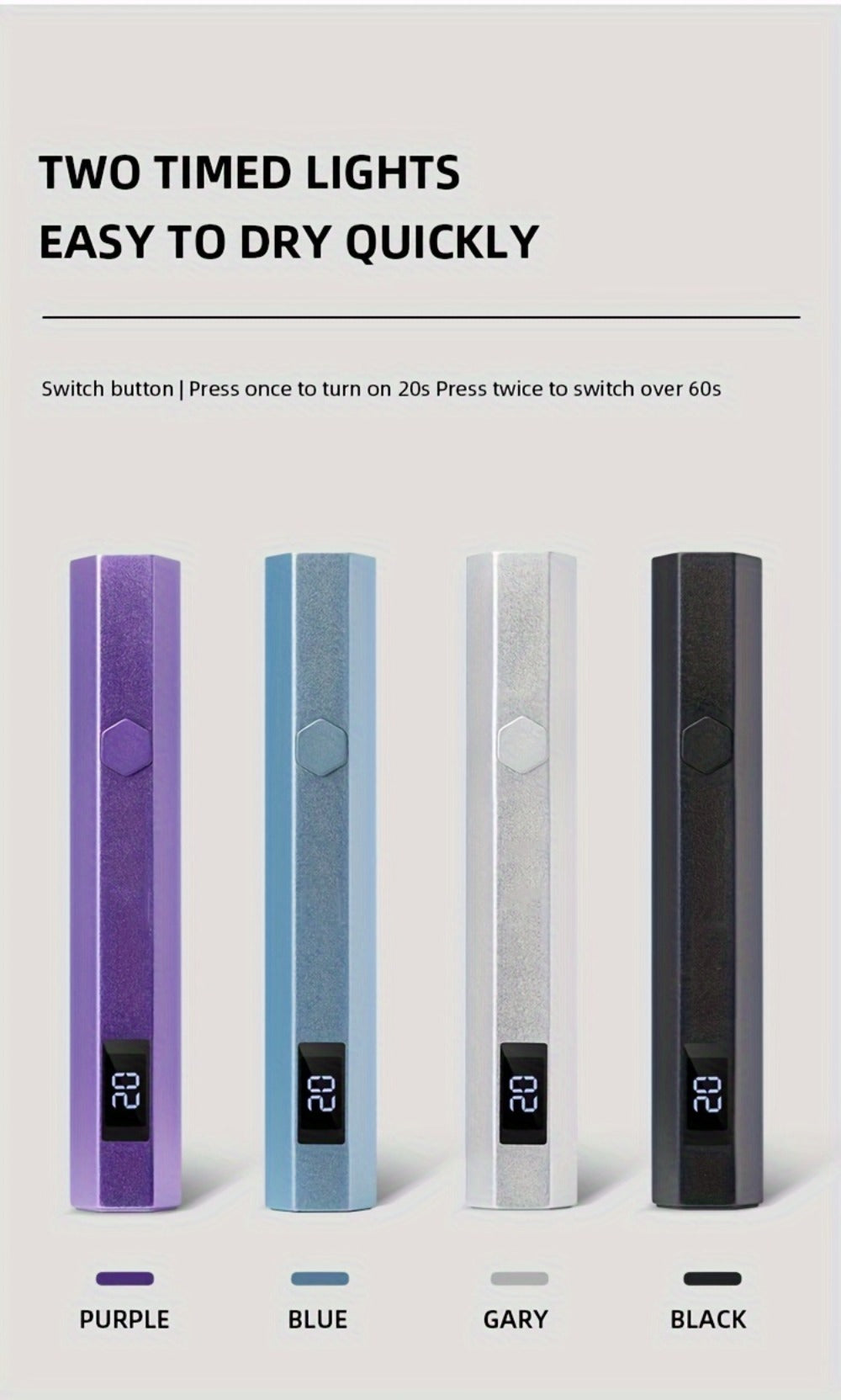 Handheld UV LED Nail Lamp with Magnetic Stand, 20/60s Timer Display, Type-C Port and Five Colors