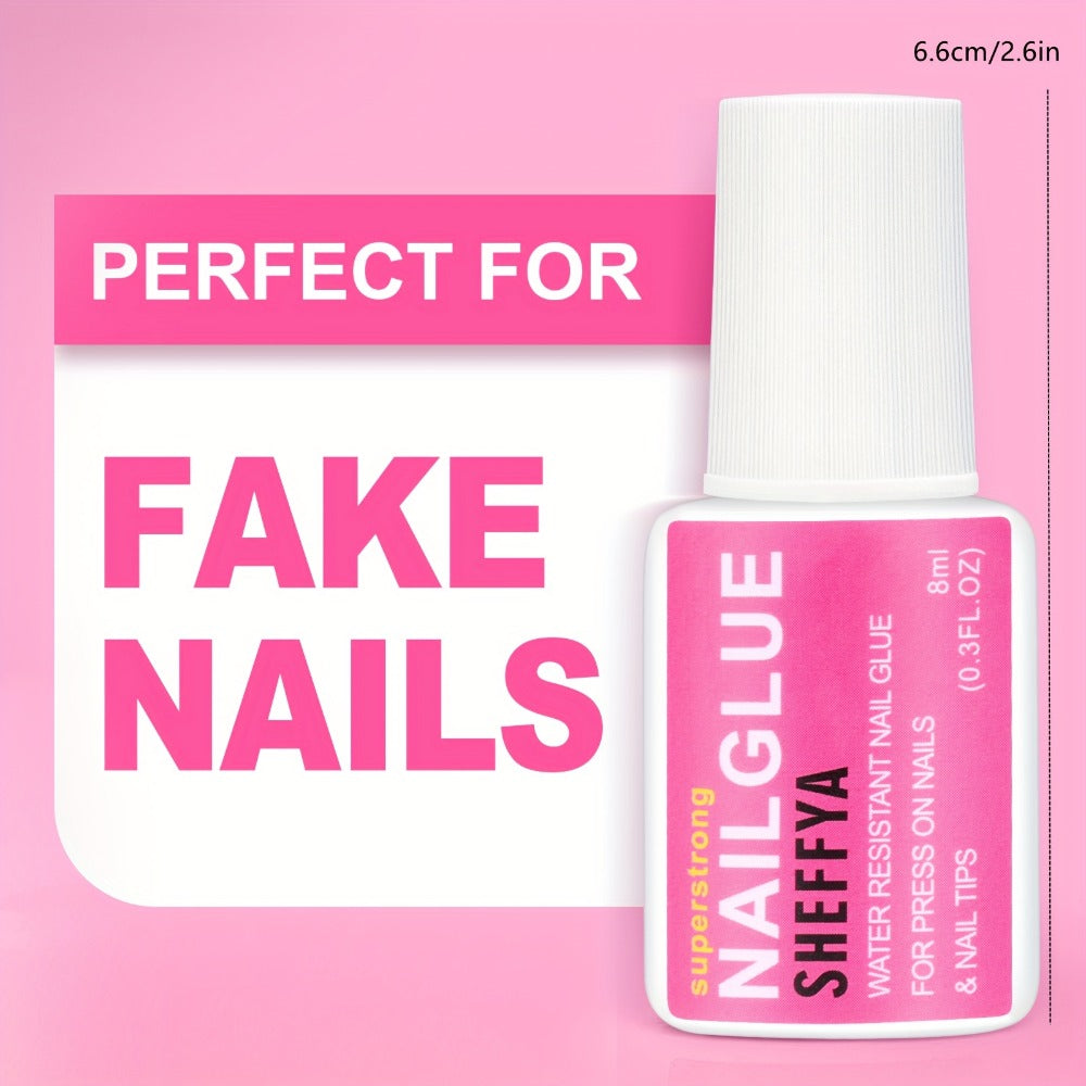 Nail Glue Set, 8ml Brush-On Bottles in 2-, 5- or 10-Piece Options with SHEFFYA Package and EMNAGLUE Bottle Markings