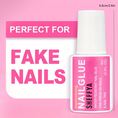 Nail Glue Set, 8ml Brush-On Bottles in 2-, 5- or 10-Piece Options with SHEFFYA Package and EMNAGLUE Bottle Markings