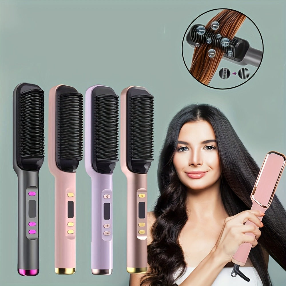 Four-Color Electric Hair Straightener Brush with Digital Display, Temperature Buttons and 10.6-Inch Body