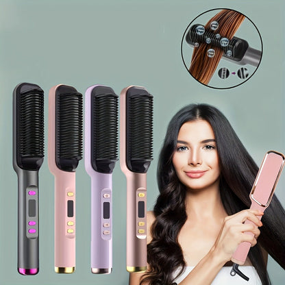 Four-Color Electric Hair Straightener Brush with Digital Display, Temperature Buttons and 10.6-Inch Body