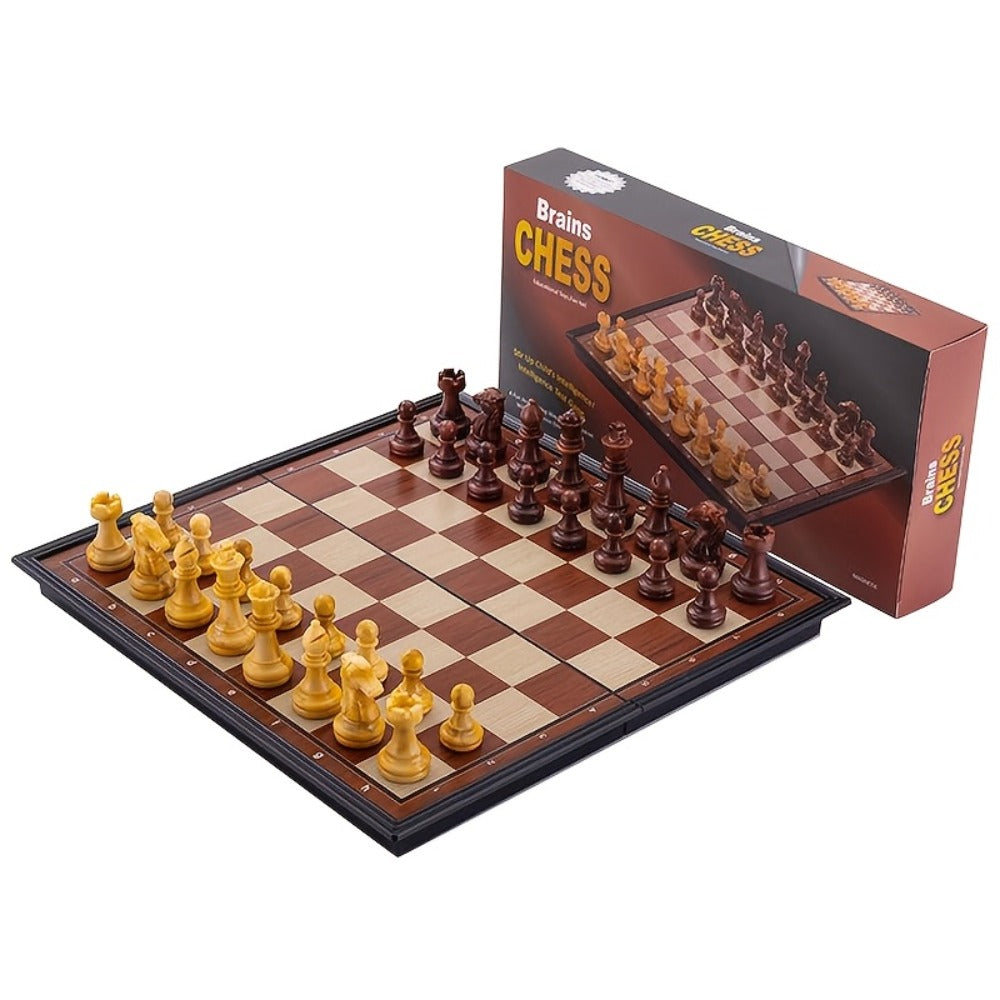 Magnetic Chess Set Folding Board 33 Pieces – 9.4 Inch Portable Travel Chess Game for Kids & Adults, Foldable Storage, Minimalist Design, Educational Strategy Game, Black & White or Wood Style