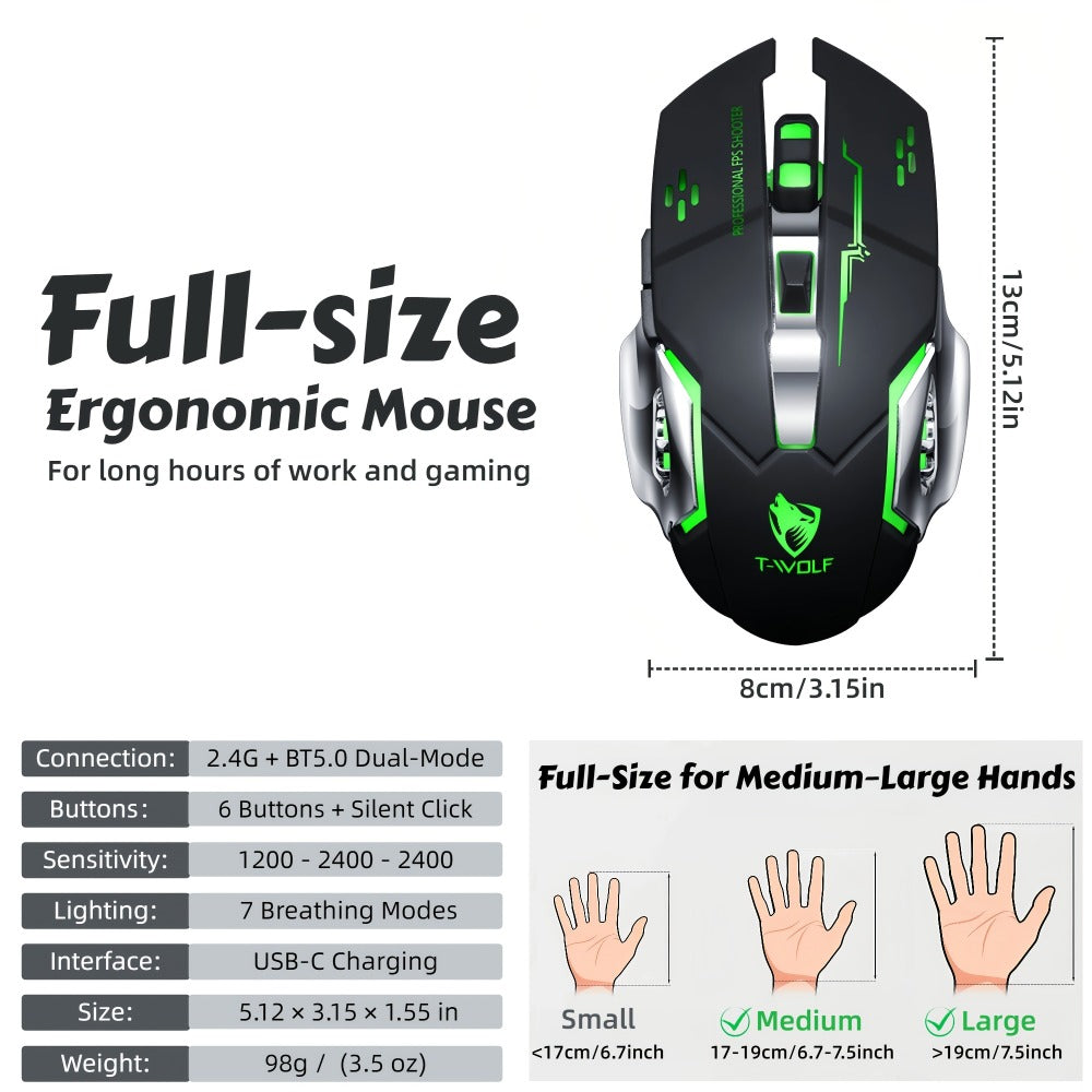 Wireless Gaming Mouse RGB Rechargeable T-WOLF 2.4GHz Ergonomic Large Mouse for PC Laptop Tablet Mac Chromebook Adjustable DPI Quiet Click Work Gaming Study Back to School Gift