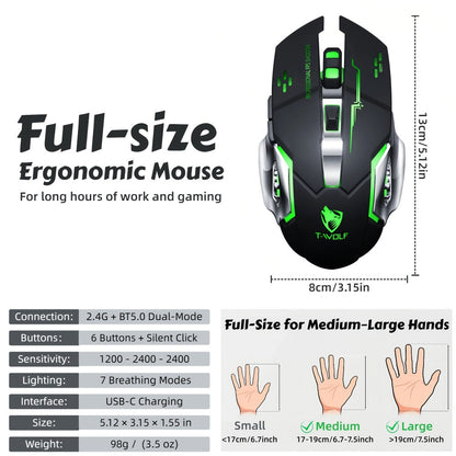 Wireless Gaming Mouse RGB Rechargeable T-WOLF 2.4GHz Ergonomic Large Mouse for PC Laptop Tablet Mac Chromebook Adjustable DPI Quiet Click Work Gaming Study Back to School Gift