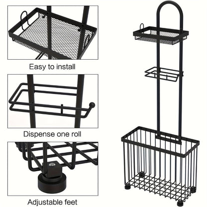 Freestanding Toilet Paper Holder with Rectangular Six-Roll Storage Basket, Upper Shelf and Pack Options