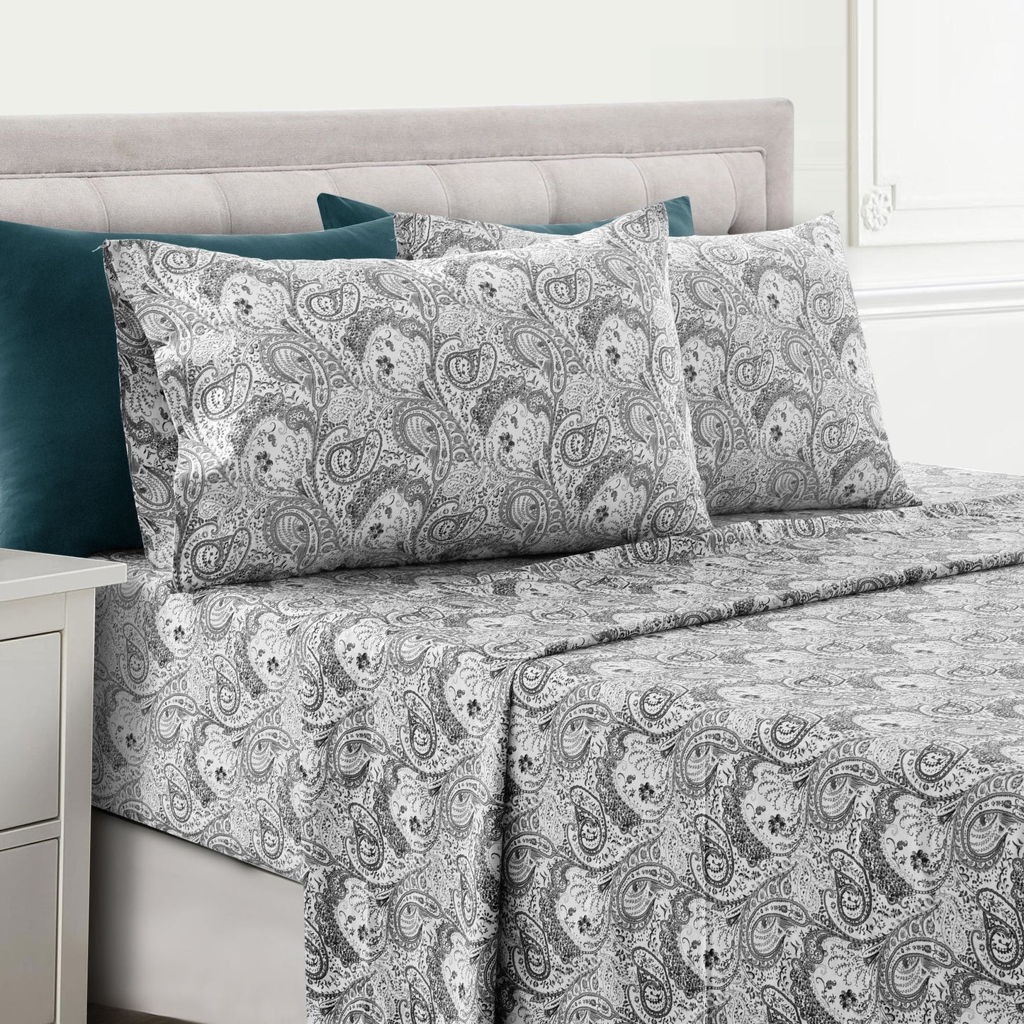 Bed Sheet Set Paisley Brushed Polyester in 4- or 6-Piece Sizing with 16-Inch Pocket and Wash Instructions