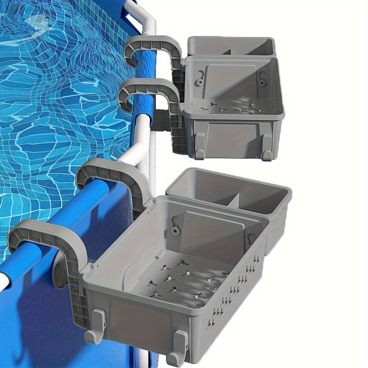 Grey Poolside Storage Basket with Dual Cup Holders, Hanging Towel Bar and Adjustable Frame Clamps