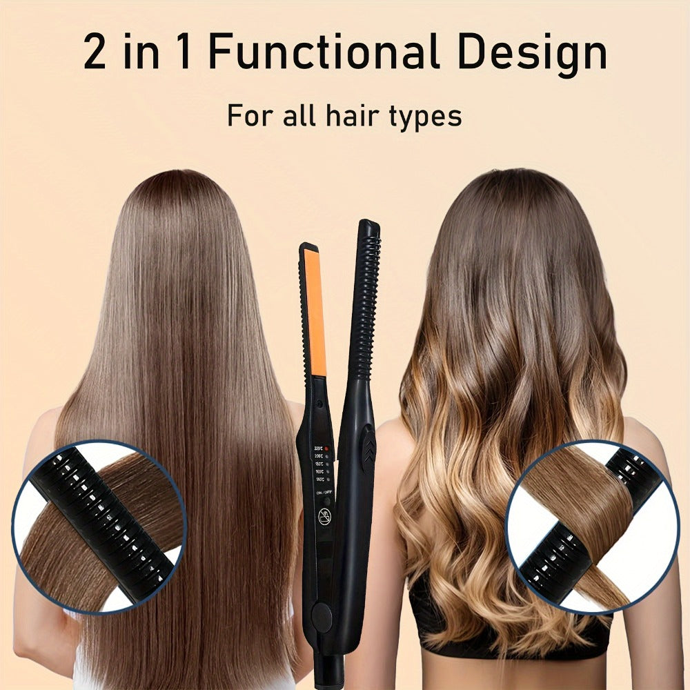 Mini 2-in-1 Hair Straightener and Curler with 29.5cm Body, Black Comb-Edge Plates and Digital Heat Display