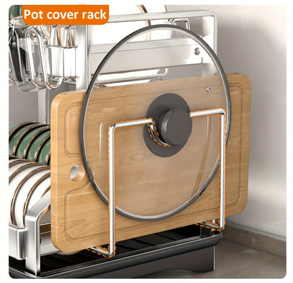 Stainless Steel Two-Tier Dish Drying Rack with Drainboard, Cup Holders, Utensil Caddy and Lid Rack