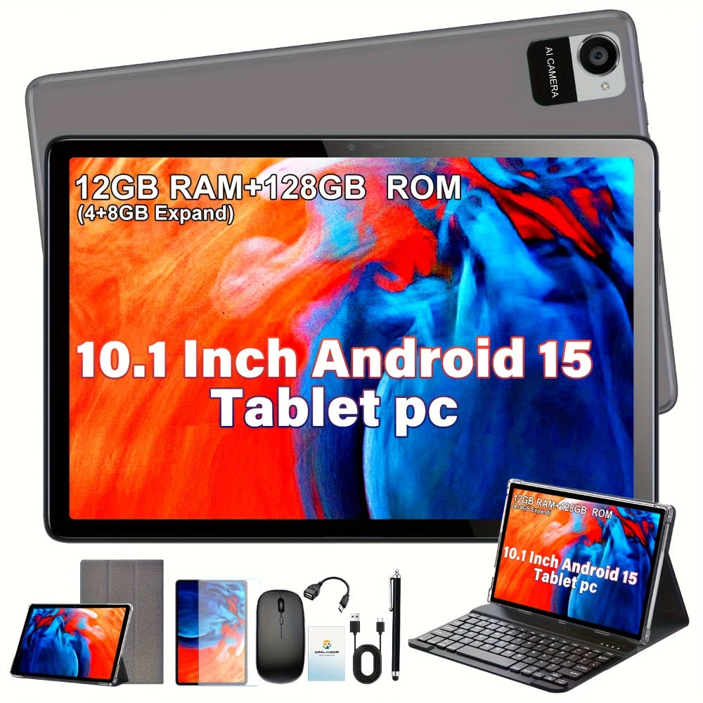 CRELANDER 10.1 Inch Android 15 Tablet 2-in-1 with Wireless Keyboard, Mouse, Case & Stylus | 128GB ROM 12GB RAM 1TB Expandable, Quad Core, Dual Camera, 2.4+5G Wi-Fi, IPS HD Display, GMS Certified