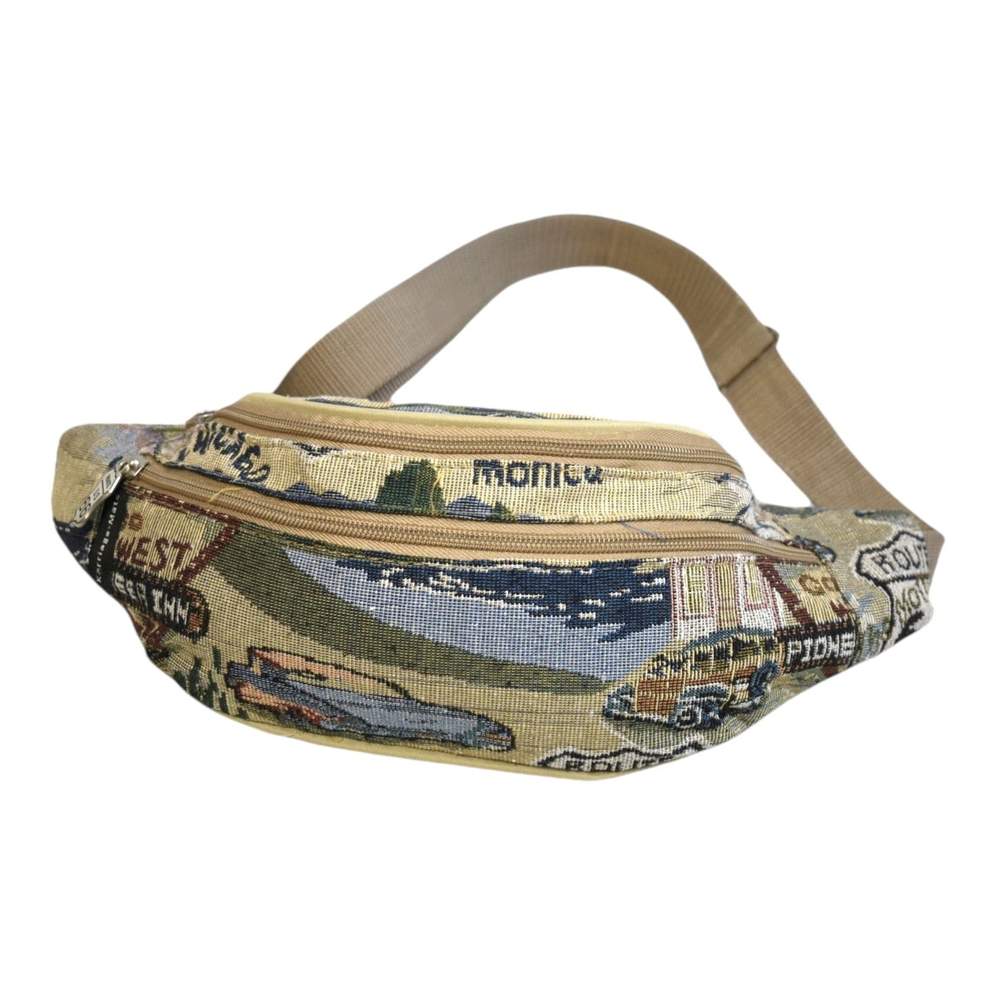 Waist Bag Route 66 Tapestry Canvas Pack with Front Zipper Pocket and Adjustable Multi-Way Strap
