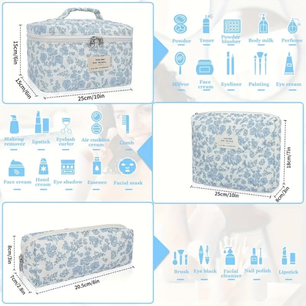 Three-Piece Floral Makeup Bag Set with Carry Handle, Gold-Color Zippers and Four Image-Bound Pattern Options