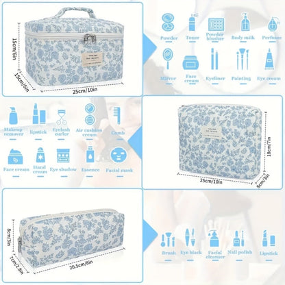 Three-Piece Floral Makeup Bag Set with Carry Handle, Gold-Color Zippers and Four Image-Bound Pattern Options