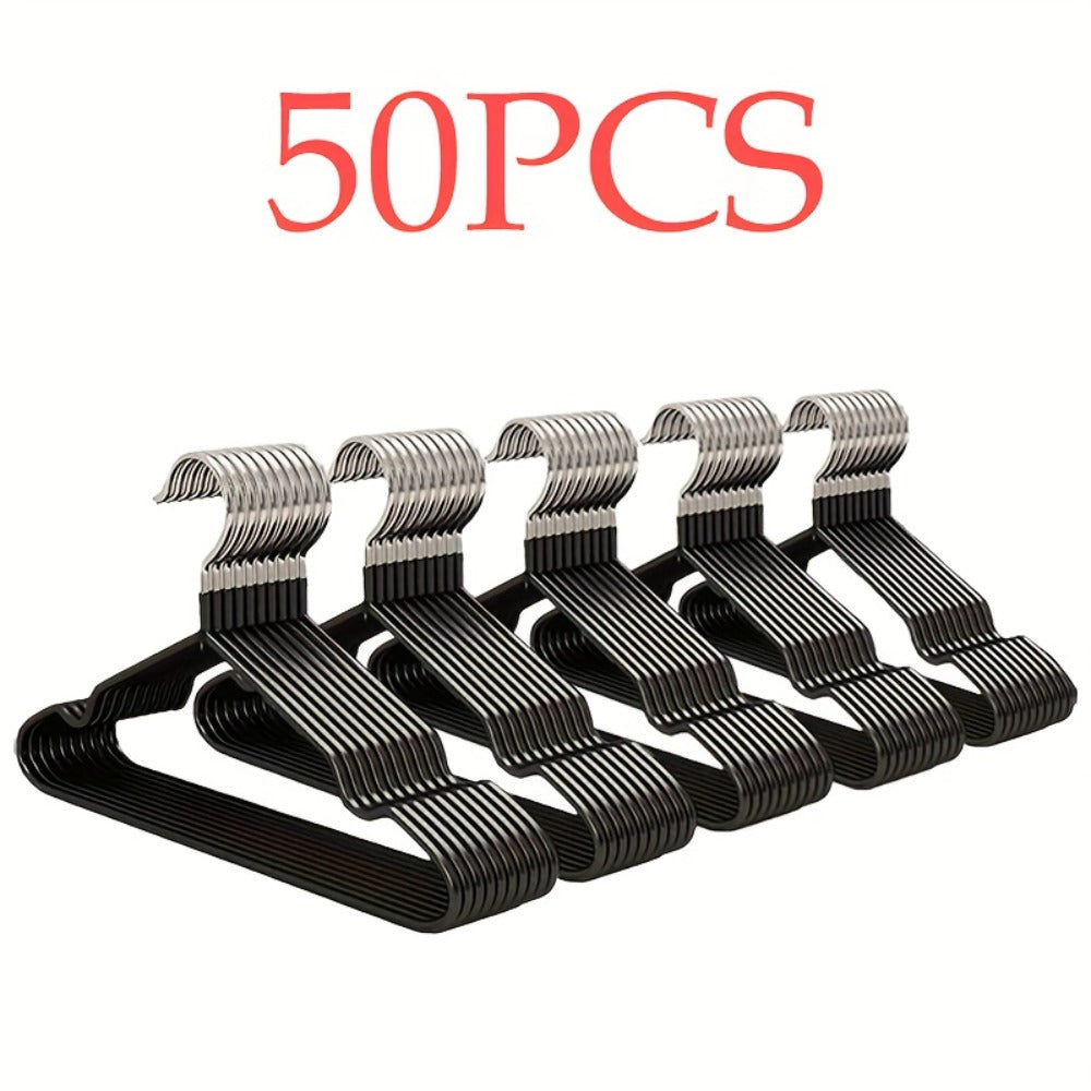 High-Manganese-Steel Clothes Hangers in 30, 50 or 100-Piece Black Packs with Coated Shoulder and Lower Bars