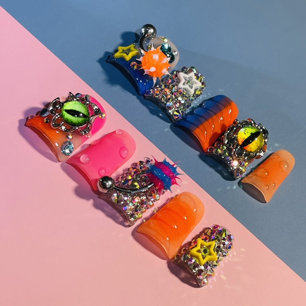 Press On Nails Handmade Y2K Duckbill Set with 3D Eye Barbell Star Rhinestone Charms and S M L Sizes