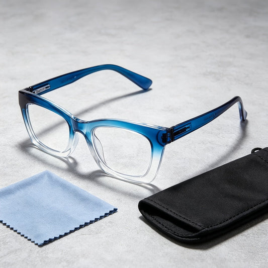 Reading Glasses – Three-Pair Square Blue-Light Reader Set with Spring Hinges, Cloths and Bags