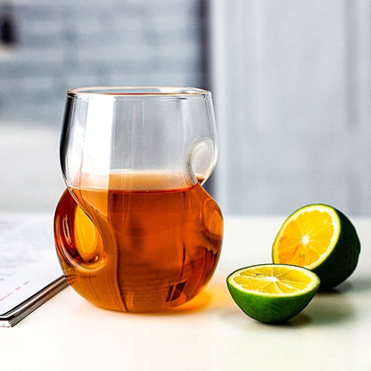 Curved Stemless Drinking Glasses, Two-Piece Clear Set with Sculpted Side Grips and 4.72-Inch Height