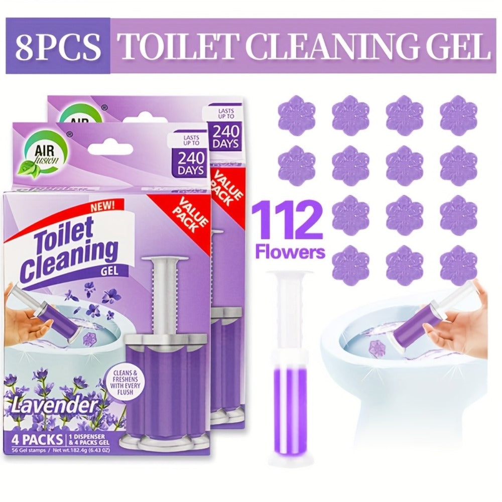 Flower Gel Toilet Stamp Cleaner with Dispenser in Six Scent Labels and 4- or 8-Piece Checkout Packs