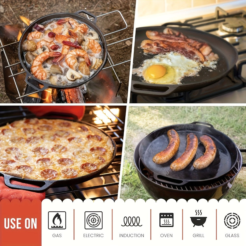 32cm Cast Iron Skillet with Dual Loop Handles and Shallow Round Profile for Gas, Induction, Oven or Campfire