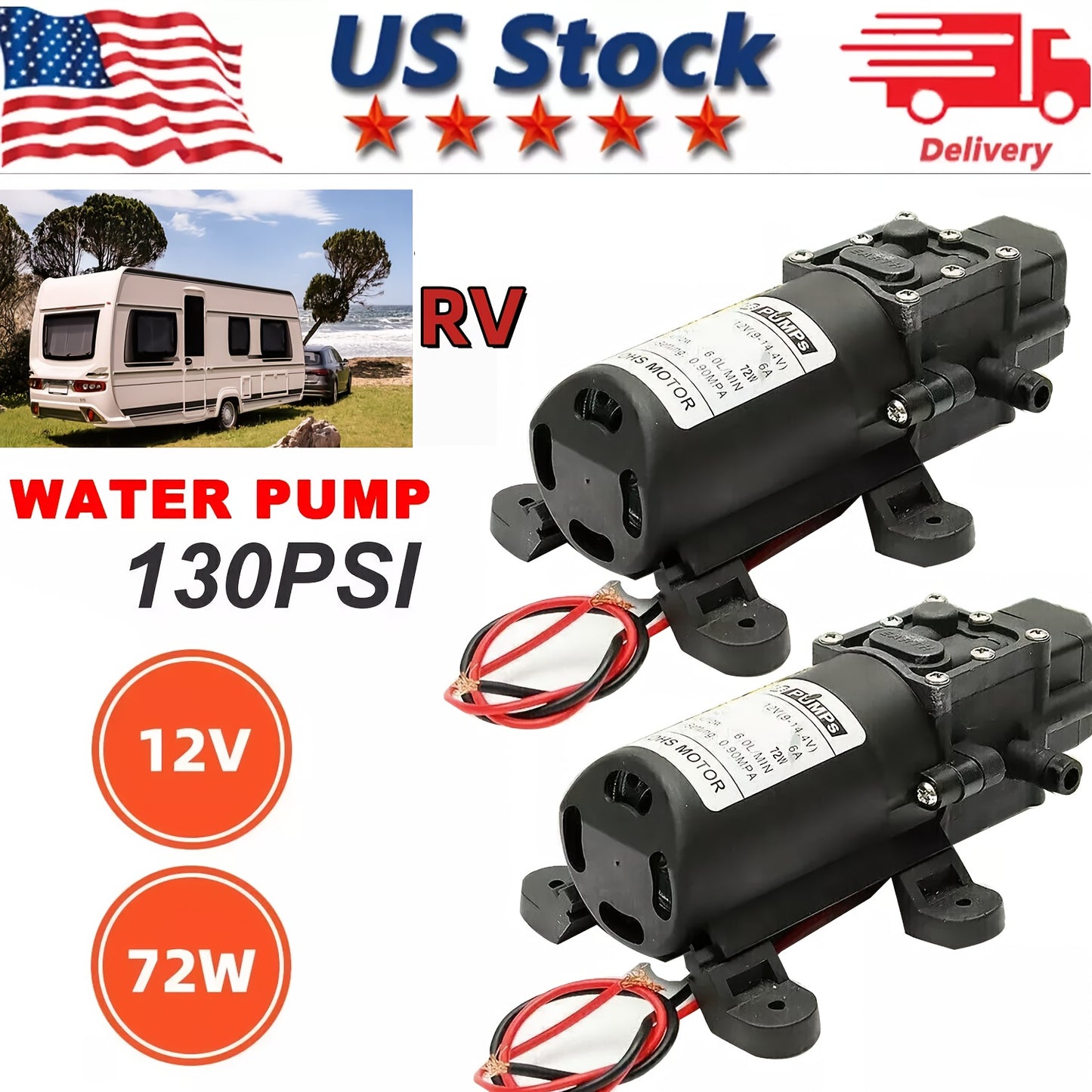 12V Self-Priming Water Pump 130PSI - High Pressure Portable Electric Pump for Car Wash, RV, Camper Van & Water Pressurization (1/2/3 Pack)