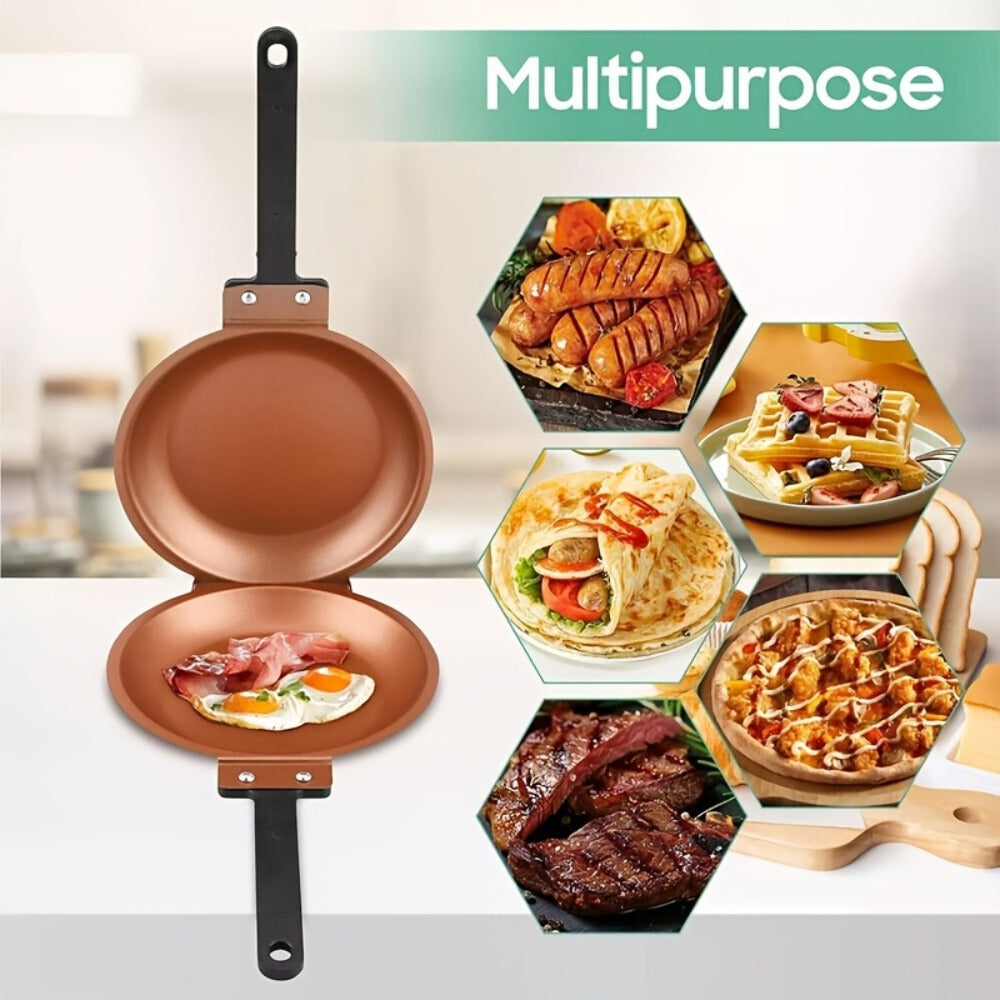 Double-Sided Omelette Pan Cookware with 7.09in Round Wells, Reversible Hinge and Golden Finish