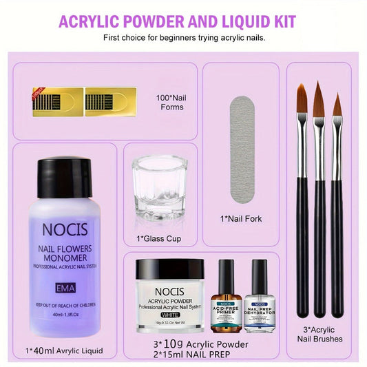 Acrylic Nail Kit for Beginners Unscented Crystal Powder Extension Set with Clear White Pink Acrylic Powder Liquid Monomer & Nail Brushes - Salon Quality DIY Home Manicure Nail Extension Tools