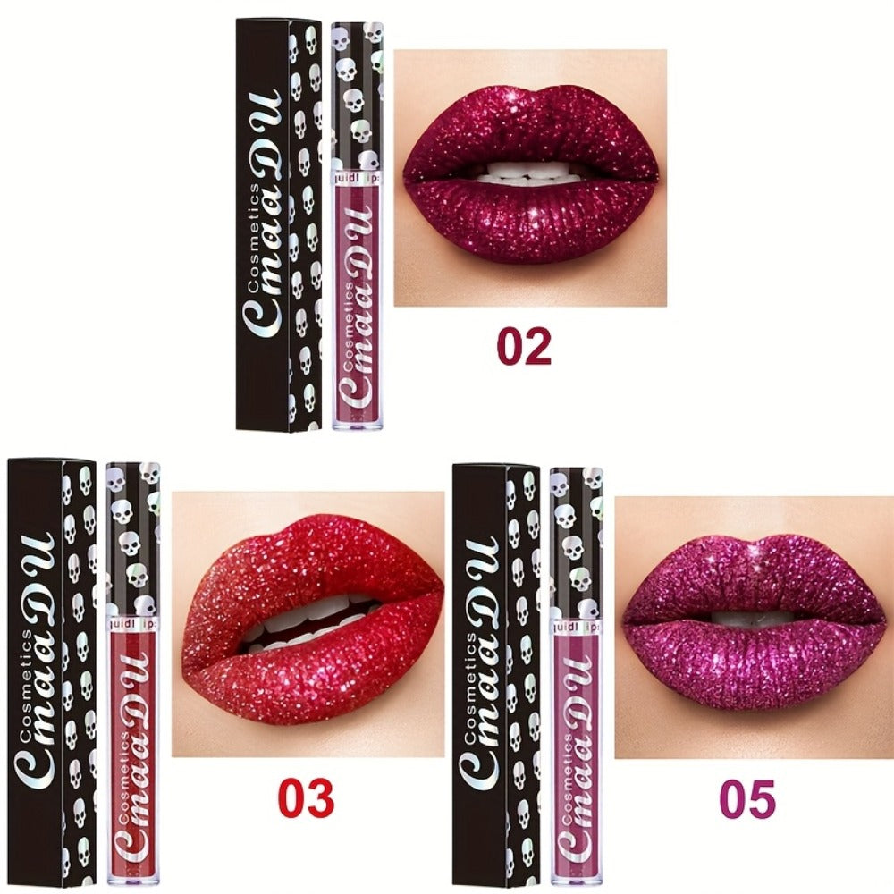 Three-Piece Skull-Design Glitter Lip Gloss Set with Nine Exact Color Combination Checkout Options