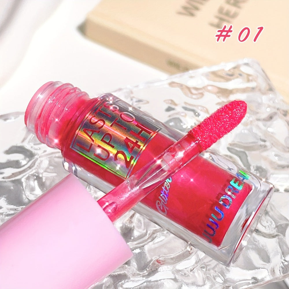 24H Waterproof Glitter Lip Gloss & Lip Stain Set 3PCS – Moisturizing Lip Oil Formula, Long-Lasting Smudge-Proof Glitter Shine in Berry Coral Pink Red Shades for Women All Skin Tones