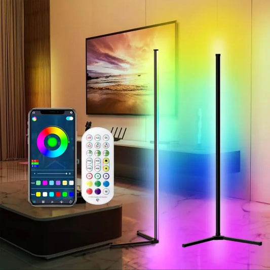 RGB Corner Floor Lamp 360 Degree Color Changing - 16 Million Colors, APP & 24-Key Remote Control, Music Sync, USB Powered, Adjustable 55.9in Height for Game Room Living Room Bar Holiday Decor