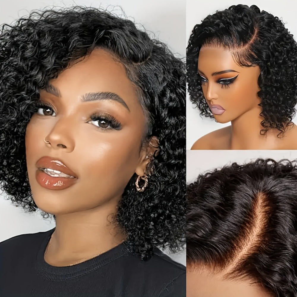 Lace Front Wig Kinky-Curly Human Hair, 8-26 Inch Natural Black with 4x4 Closure and 150% Density