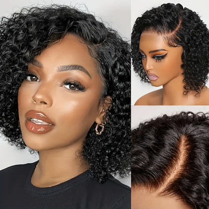 Lace Front Wig Kinky-Curly Human Hair, 8-26 Inch Natural Black with 4x4 Closure and 150% Density