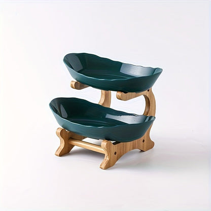 White or Green Countertop Display Stand with Two- or Three-Tier Curved Trays and Wood-Look Supports