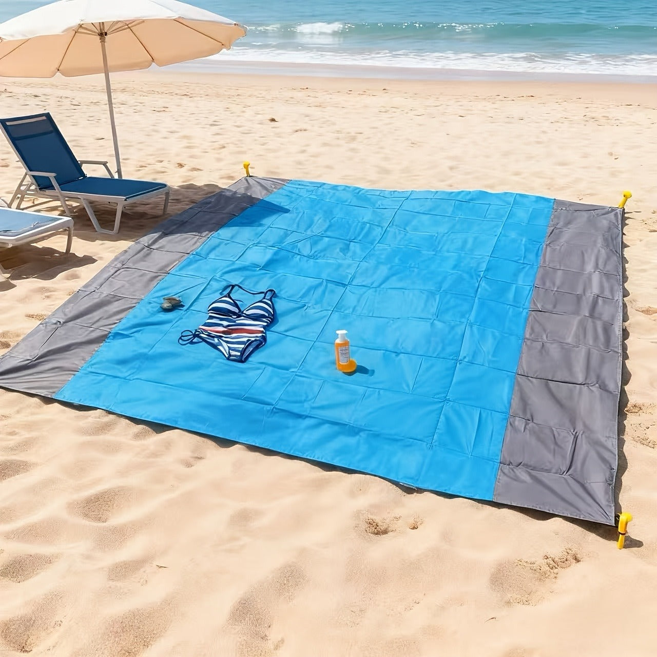 210 x 200cm Picnic Mat with Blue Center Panel, Grey Border, Drawstring Carry Pouch and Ground Stakes